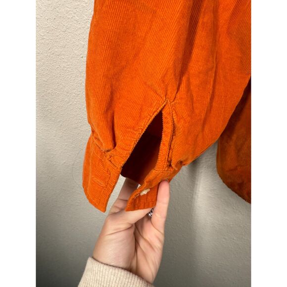 Loft Womens Orange Corduroy Button Up Top Sz L Ruffle Pumpkin Patch Fall Staple - Picture 3 of 8